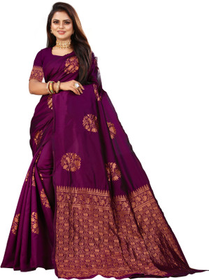 Vedant Vastram Floral Print Banarasi Silk Blend Saree(Purple)