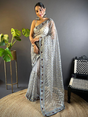 ANOUK Embellished Banarasi Net Saree(Grey)