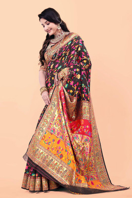 Wovenza Self Design, Woven Bollywood Cotton Blend, Semi-Pashmina Saree(Black)