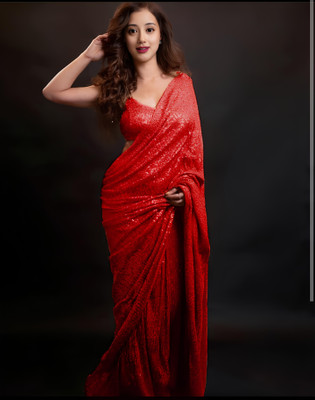 kamaldesigner Embroidered, Embellished Bollywood Georgette Saree(Red)