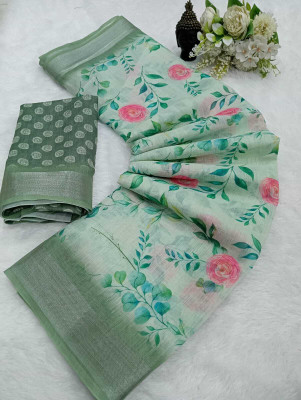 ASHTA Floral Print Bollywood Linen Saree(Light Green)
