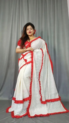 ASWRKI Embroidered Lucknow Chikankari Cotton Blend Saree(White, Red)