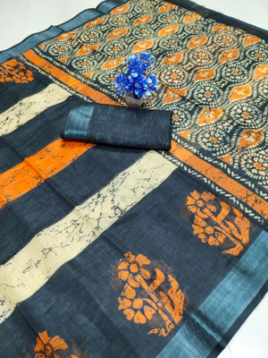 HouseOfCommon Woven Bollywood Pure Cotton, Cotton Linen Saree(Black, Orange)