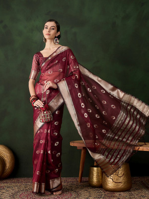 Sangria Woven Saree with Attached Blouse Organza Saree(Maroon)