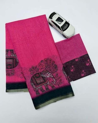 VEERA FASHION Animal Print Daily Wear Cotton Linen Saree(Pink)