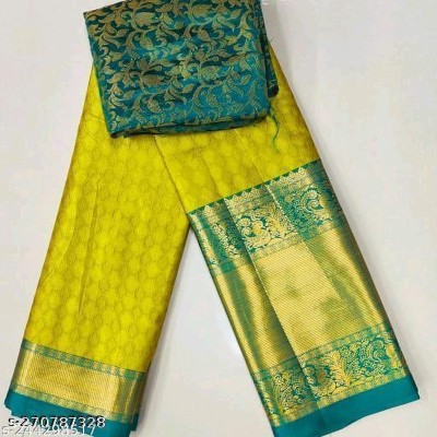 Dhami Applique, Woven, Embellished Dharmavaram Cotton Silk Saree(Light Green)