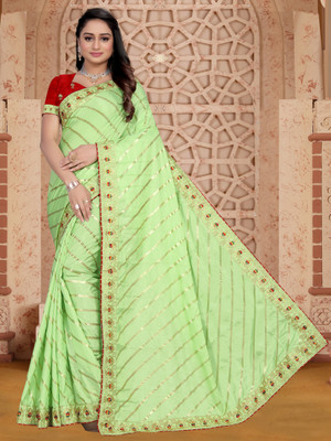 NAKSHCRETION Embroidered Bollywood Cotton Blend Saree(Light Green)
