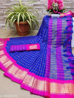 Vleez Checkered Bollywood Pure Cotton Saree(Dark Blue)