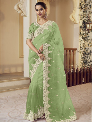 odette Embellished Saree with Attached Blouse Chiffon Saree(Pack of 2, Light Green)