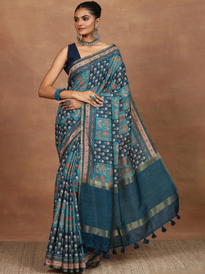 LIBAS Printed Daily Wear Silk Blend Saree(Green)