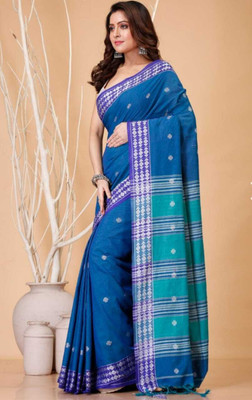 binita Self Design Handloom Cotton Blend Saree(Light Blue)