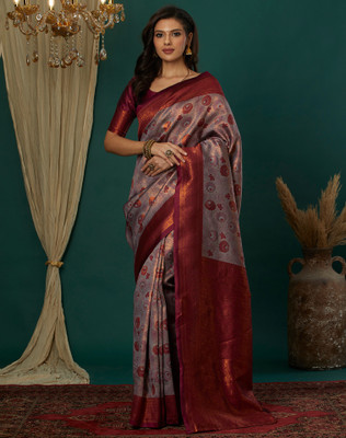 Divastri Woven, Embellished Kanjivaram Silk Blend, Jacquard Saree(Grey)