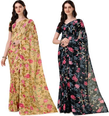 Dori Floral Print Daily Wear Georgette Saree(Pack of 2, Beige, Black)