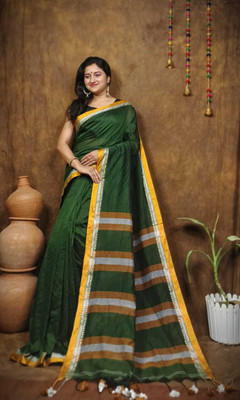 HARE KRISHNA ENTERPRISE Solid/Plain Handloom Cotton Silk Saree(Green)