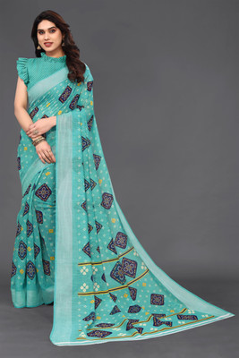 HouseOfCommon Geometric Print Bandhani Cotton Linen Saree(Light Blue)