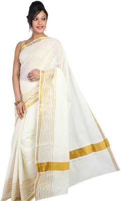 Creative weaves Striped Kasavu Handloom Cotton Blend Saree(Multicolor)