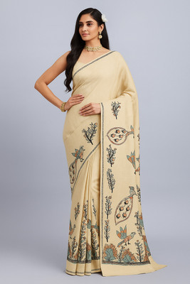 SIRINIKAA FASHIONS Embroidered Kantha Cotton Blend Saree(Beige)