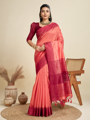 PeachPetals Striped Banarasi Jacquard Saree(Cream, Maroon)