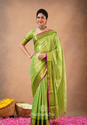 NAMITASAREES Solid/Plain Saree with Attached Blouse Tissue Saree(Green)