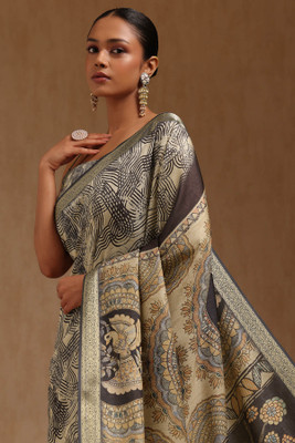 soch Printed Saree with Attached Blouse Tussar Silk Saree(Beige)