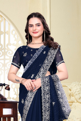 Mikhushop Embroidered, Embellished Bollywood Silk Blend Saree(Dark Blue)