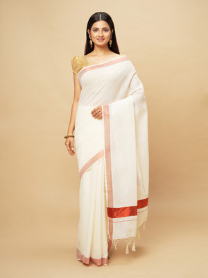 Manvish Drapes Solid/Plain Kasavu Pure Cotton Saree(White)