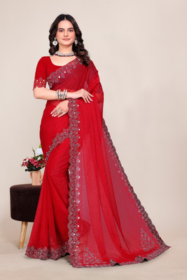 VEERAIVA Embellished Bollywood Chiffon Saree(Red)