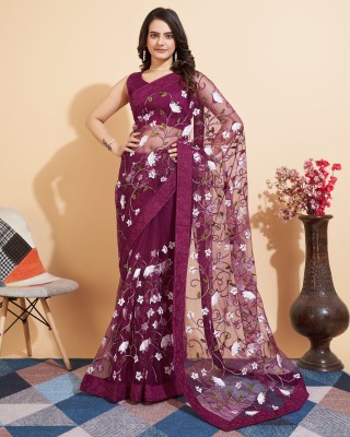 Tasrika Embroidered Bollywood Net Saree(Purple)