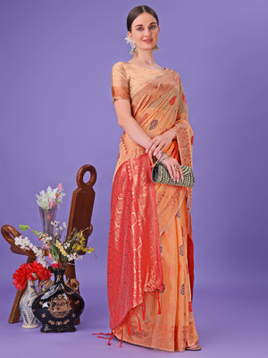 Tasrika Woven Banarasi Cotton Linen Saree(Orange)