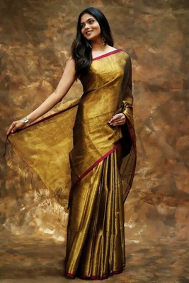 NST5 Self Design, Embellished, Woven Bollywood Pure Silk Saree(Gold)