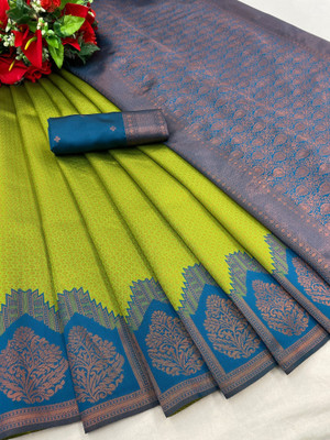 KanjiQueen Woven Kanjivaram Silk Blend, Pure Silk Saree(Light Green, Blue)