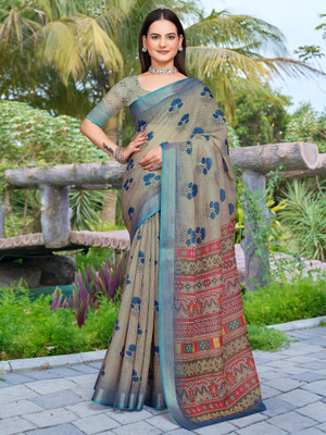 Anouk Rustic Digital Print Hand Batik Cotton Linen Saree(Light Green)
