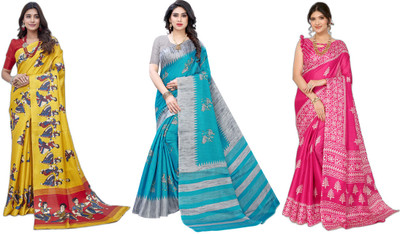YASHIKA Woven Kalamkari Art Silk Saree(Pack of 3, Yellow, Grey, Blue, Pink)
