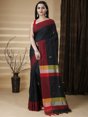 Ruuprekha Solid/Plain Handloom Pure Cotton Saree(Black)