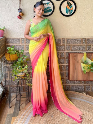 SICHYAH Solid/Plain, Ombre Bollywood Georgette Saree(Green, Pink)