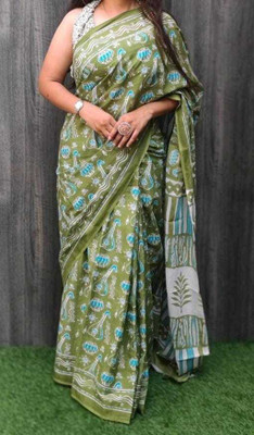 DASTKARPRINT Printed, Color Block, Blocked Printed, Floral Print, Dyed Daily Wear Pure Cotton Saree(Green)