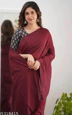 SSP Solid/Plain Handloom Cotton Blend Saree(Maroon)