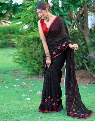 Divastri Dyed, Embroidered, Embellished Bollywood Georgette Saree(Black, Red)