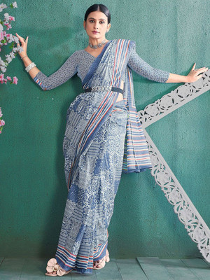 Anouk Rustic Printed Daily Wear Cotton Blend Saree(Blue)