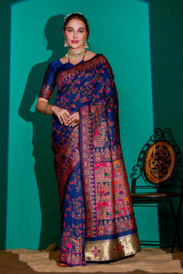 SARETRA MALL Woven Banarasi Pure Silk Saree(Dark Blue)