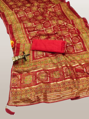 Kanooda Prints Woven Kota Doria Net Saree(Red)
