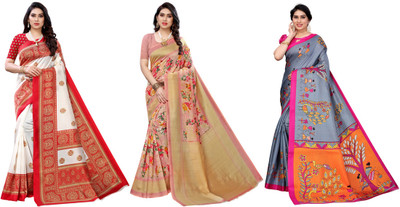 Nirvaan Printed Bhagalpuri Art Silk Saree(Pack of 3, Red, Pink, Grey)