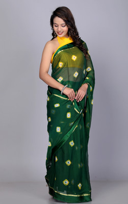 HouseOfCommon Color Block Leheria Chiffon Saree(Green)