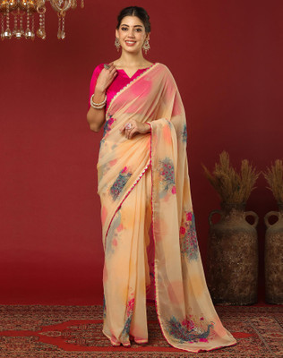 Tasrika Printed, Embellished Bollywood Chiffon, Georgette Saree(Cream)