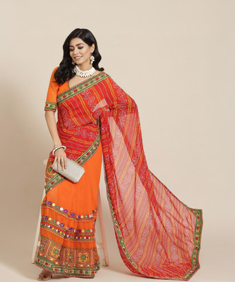 Tasrika Self Design, Embroidered, Printed Banarasi Georgette Saree(Red, Orange)