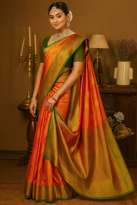 banalata fashion Printed Banarasi Georgette Saree(Orange, Yellow)