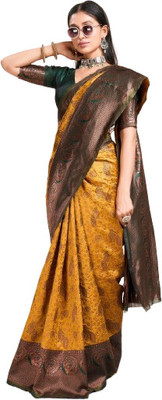 DURGACREATION Printed Bollywood Cotton Linen Saree(Yellow)