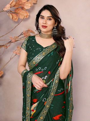 YASHIKA Printed Bandhani Georgette, Lace Saree(Green)