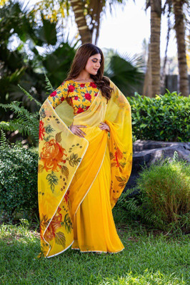 Laxmi Fashion Printed, Floral Print Assam Silk Jacquard, Cotton Silk Saree(Yellow, Red)
