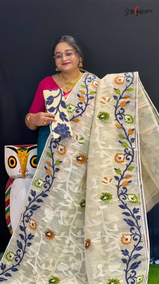 SP Boutique Embroidered Jamdani Cotton Silk Saree(White, Blue)